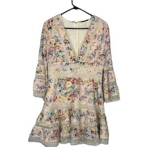 Aqua Cream Floral Eyelet Lace V-Neck Long Sleeve Dress Women Sz L